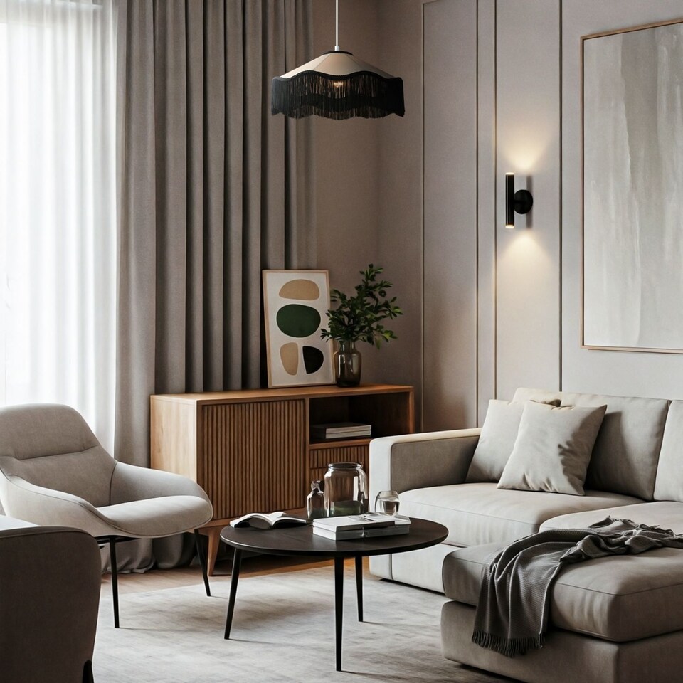 image 1 of Chic Victorian Pendant Lamp Shade in Cream Faux Silk with Black Trims | Black | Black | 1