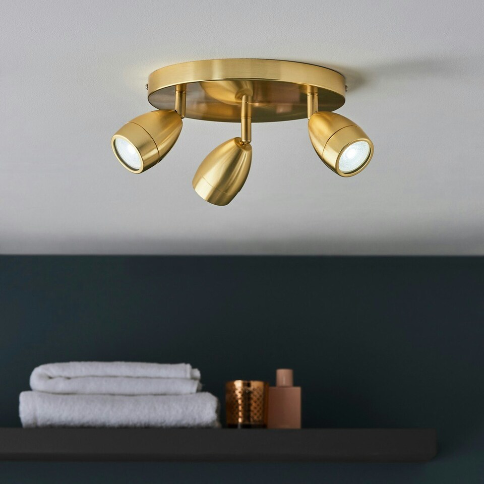 image 1 of Porto Bathroom Round Spotlight, Satin Brass Plate, Glass, IP44