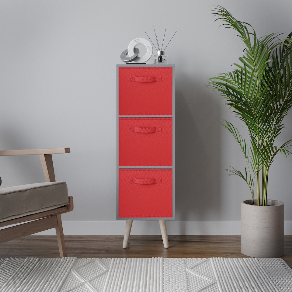 image 1 of Grey 3-Tier 3-Drawer Cube Shelving Unit with Scandinavian Legs | Red | Red & Pine | 1