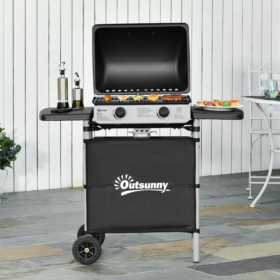 image 1 of Outsunny Propane Gas Barbecue Grill 2 Burner Cooking BBQ 5.6 kW w/ Side Shelves