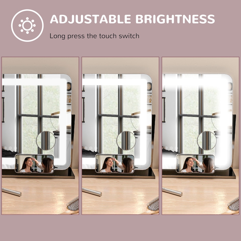 image 1 of HOMCOM Vanity Mirror with Lights, 6350 cm Lighted Makeup Mirror with 3 Colour Lighting Modes, 10 Magnifying, USB Charging Port, Phone Holder, 360 Degree Rotation, Touch Screen, for Dressing Table