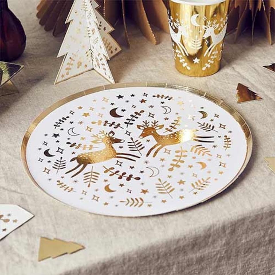 image 1 of Gold Foil Christmas Reindeer Round Paper Plates 23cm - Pack of 8