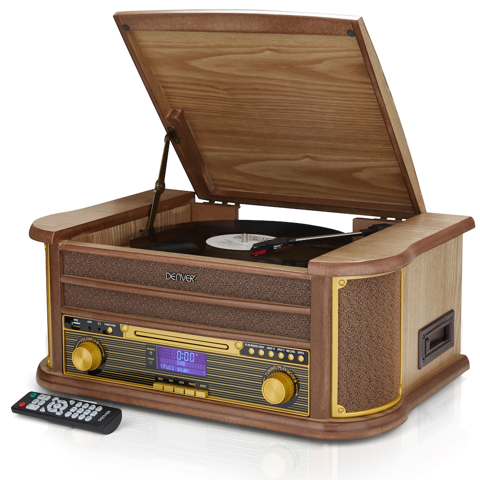 image 1 of Denver 9-in-1 Retro Vintage DAB Bluetooth Wooden Radio Record Player - MRD-51BT | Brown | Light Wood