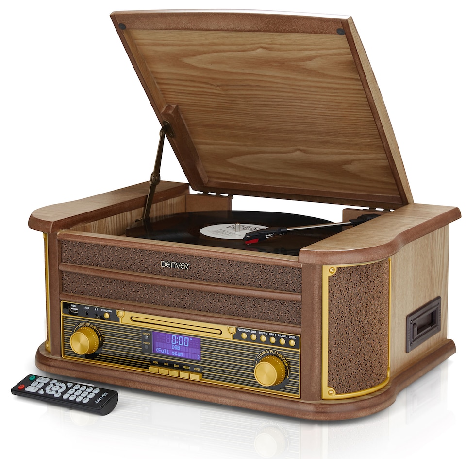 image 1 of Denver 9-in-1 Retro Vintage DAB Bluetooth Wooden Radio Record Player - MRD-51BT | Brown | Light Wood