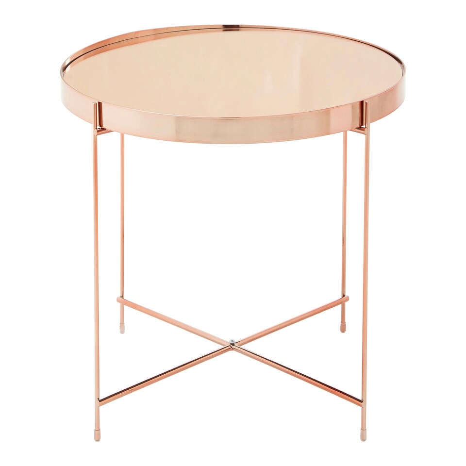 image 1 of Large Pink Mirror Side Table,Round Table With Rose Gold Lattice Base, End Table With Chromed Metal Legs