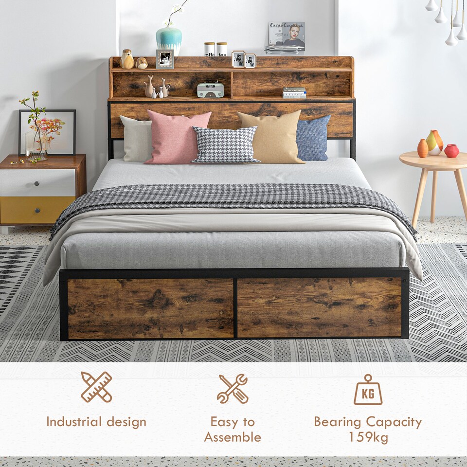 image 1 of HOMCOM Industrial King Bed Frame, 5.2FT Steel Bed Base with Storage Headboard, Footboard, Slatted Support and Under Bed Storage, 158 x 222cm, Rustic Brown