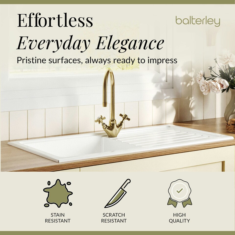 image 1 of Fireclay Kitchen Bundle - Single Bowl Sink & Drainer, Waste & Mono Crosshead Tap, 1010mm - Brushed Brass - Balterley