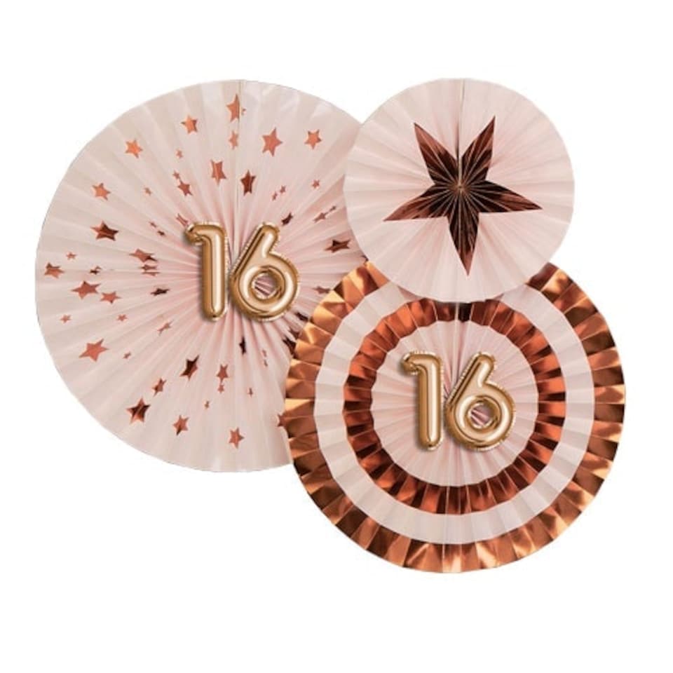 Age 16 Pink & Rose Gold Pinwheel Fan Hanging Decorations - Pack of 3