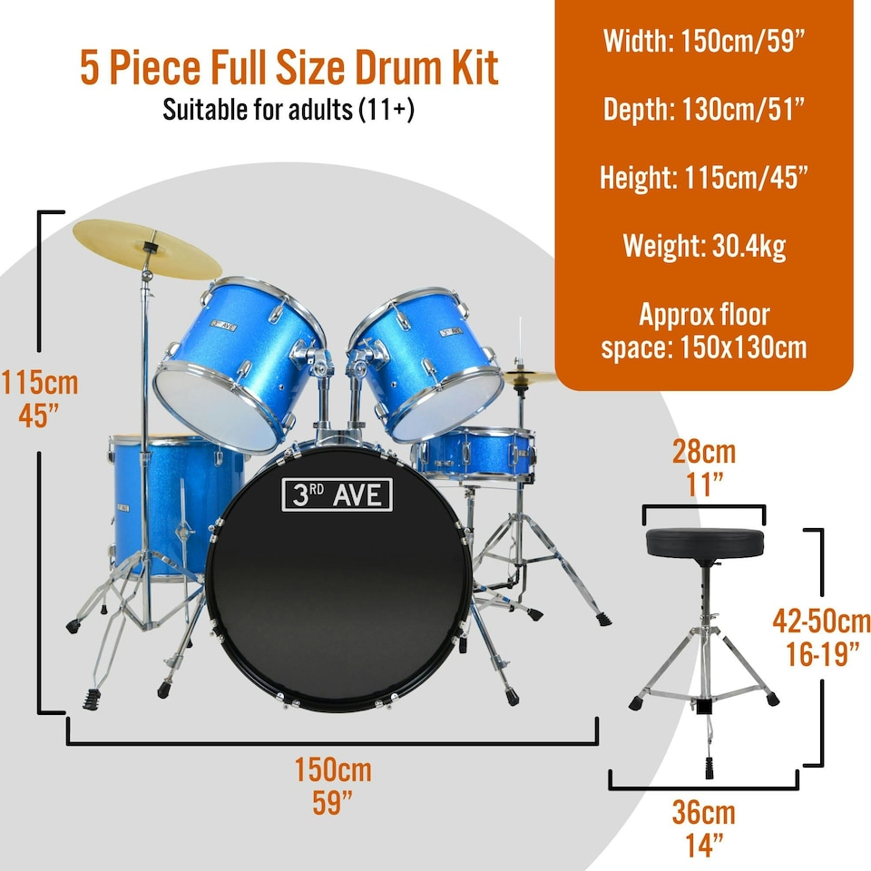 image 1 of 3rd Avenue Full Size Adult Drum Kit - Shine Blue