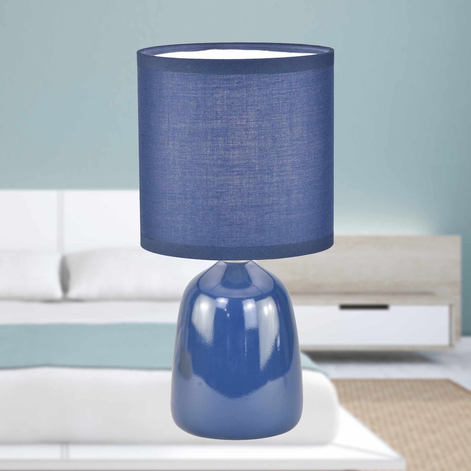 image 1 of Cleo - Set of 2 Navy Blue Ceramic 26cm Lamps With Shades | Blue | Blue | Medium | 2