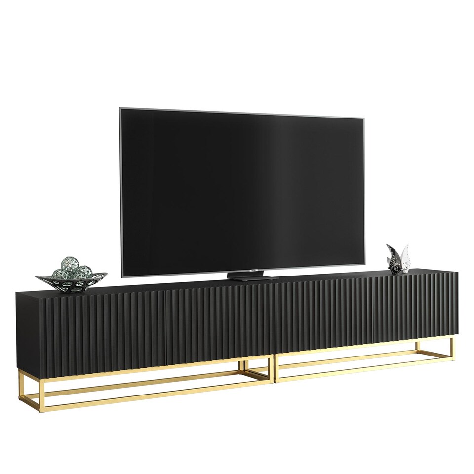 image 1 of TV Stand TV Unit Modular Media Cabinet Storage Cabinet Black Fluted Gold Legs 200cm