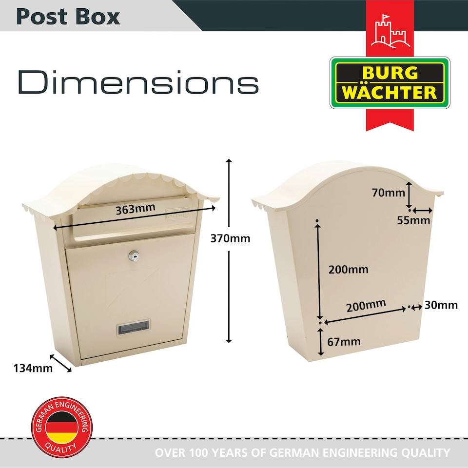 image 1 of Burg-Wachter Classic Wall Mounted Galvanised Steel Lockable Weatherproof Post Box - 36x37x13cm | Cream | Antique Cream