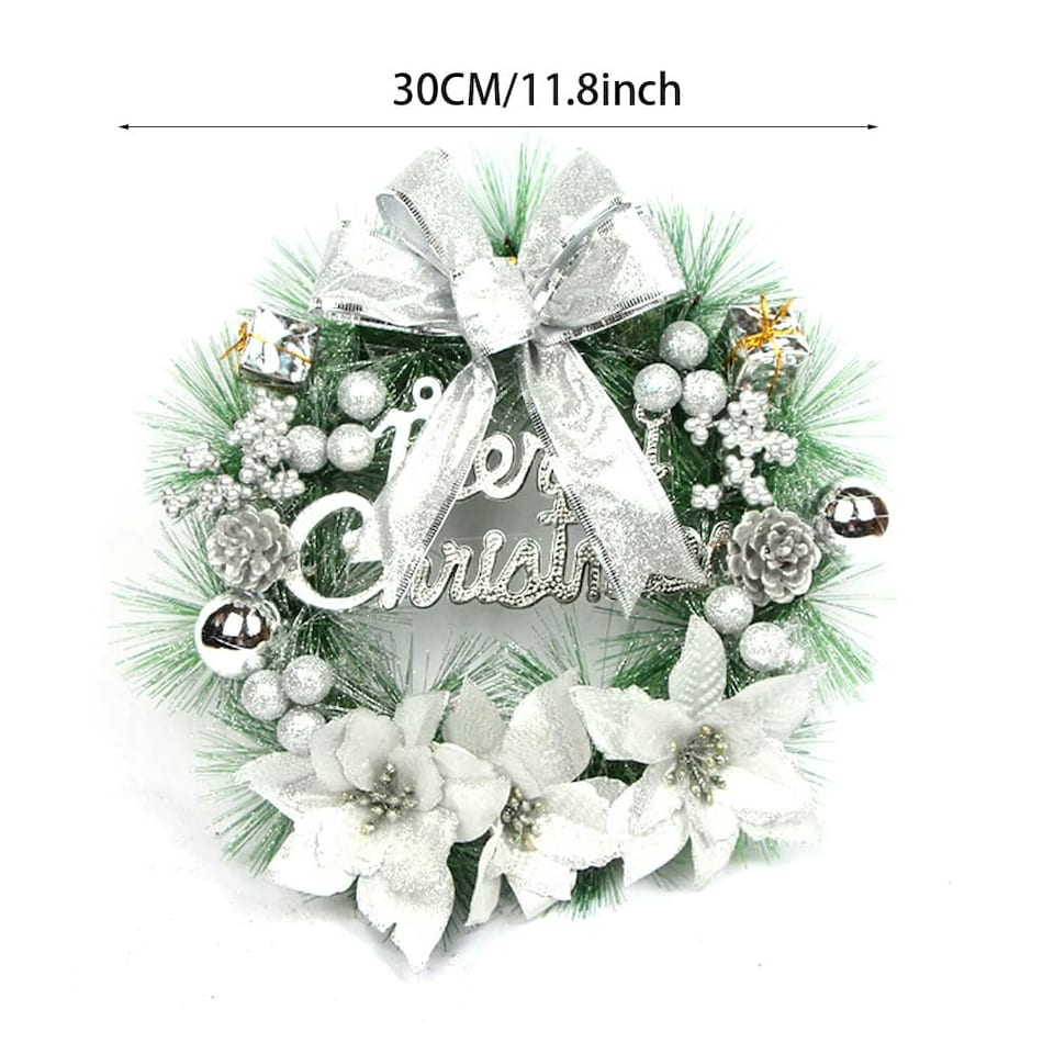 image 1 of Living and Home Christmas Wreath with Mixed Silver Decorations - 30cm
