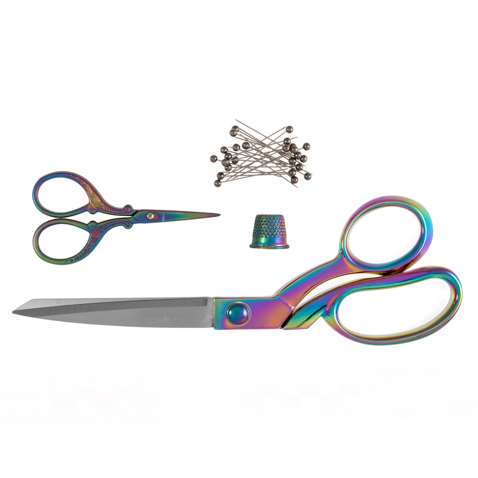 image 1 of Milward Rainbow Scissor Gift Set - 21.5cm Dressmaker's, 9.5cm Embroidery, Thimble & 25 Pins