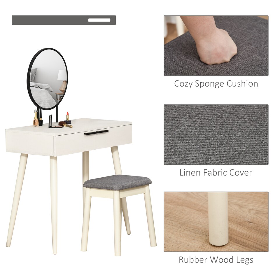 image 1 of HOMCOM Dressing Table with Mirror and Stool, Vanity Makeup Desk Set with 2 Drawers, Cushioned Stool and Make-up Organiser for Bedroom and Dressing Room, 80 x 40 x 123 cm, White