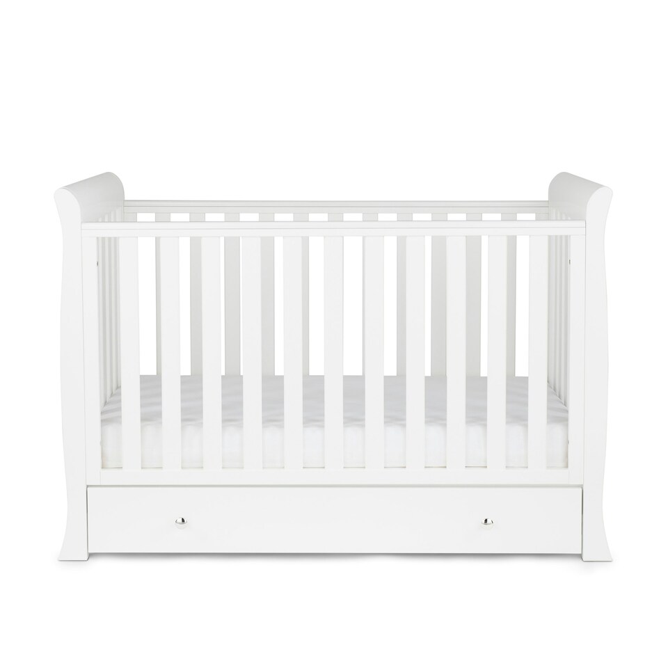 image 1 of Snowdon Mini Cot Bed, Fibre Mattress & Underdrawer – Sleigh Style, Convertible Baby Cot to Toddler Bed, Adjustable Base (White)