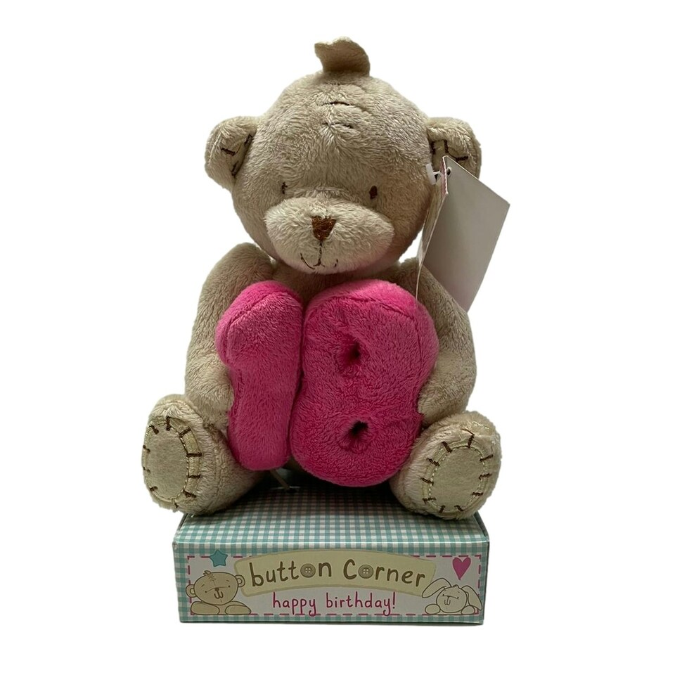 18th Birthday Button Corner Bear Holding Number "18"