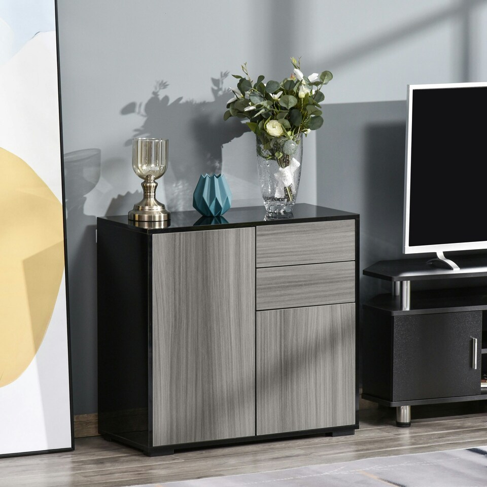 image 1 of HOMCOM Side Cabinet with 2 Door and 2 Drawer for Home Office, Grey Black