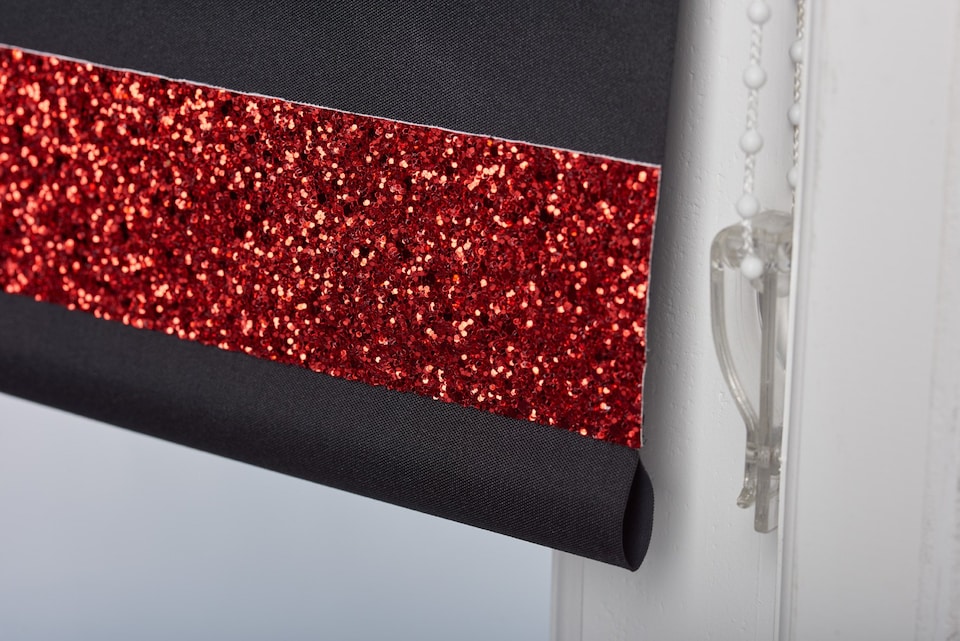image 1 of FURNISHED Blackout Roller Blinds with Glitter Trim and Bow Insulated Designed Window Shade | Black | Black | (W) 210cm x (L) 210cm