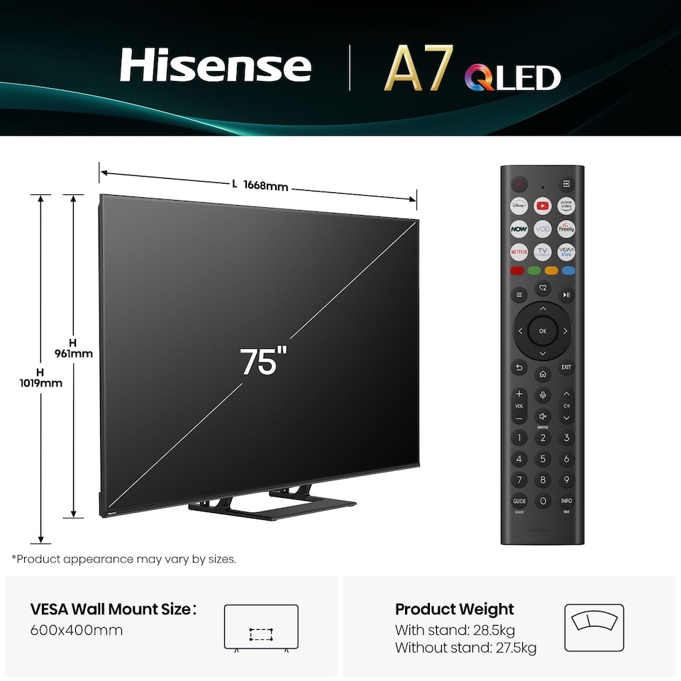 image 1 of Hisense 75 Inches A7QTUK QLED Smart AI TV with Freely