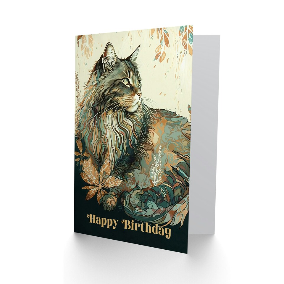 image 1 of Happy Birthday Maine Coon Cat with Leaf Pattern Birthday Card