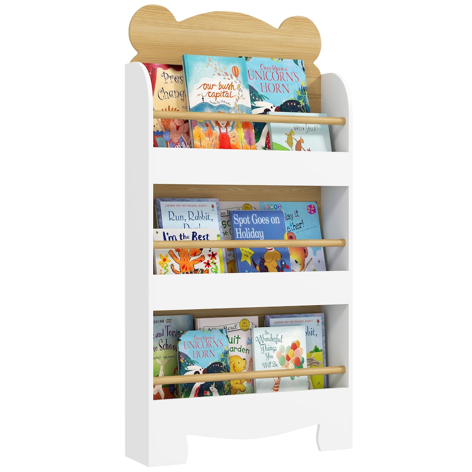image 1 of AIYAPLAY Kids Bookshelf, 3 Tier Children Bookcase, Bear Theme Toddler Space-Saving Bookcase for Living Room, Kids Room, Playroom, White