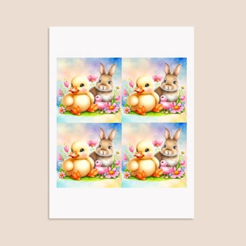 image 1 of Easter Bunny and Chick Square Stickers 95mm - Sheet of 4