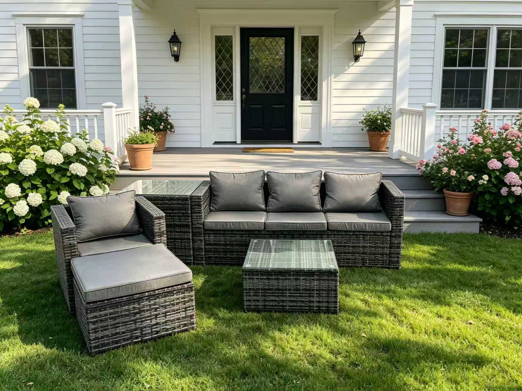 Fimous Lounge Dark Mixed Grey Rattan Sofa Set With 2 Table Stool Outdoor Garden Furniture Patio Side Table 5 Seater