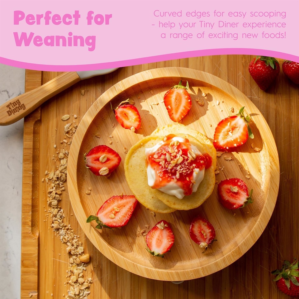 image 1 of Tiny Dining Bamboo Round Baby Weaning Plate & Fork Set - Pastel Pink