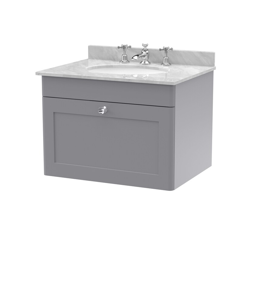 image 1 of Balterley Swynnerton Traditional 1 Drawer Wall Hung Vanity Unit with Marble Basin, Satin Grey, 600mm