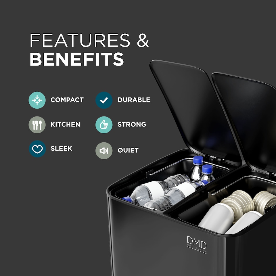 image 1 of DMD 30L Stainless Steel Recycling Bin, 2 x 15L Removable Plastic Recycling Buckets | Black | Black
