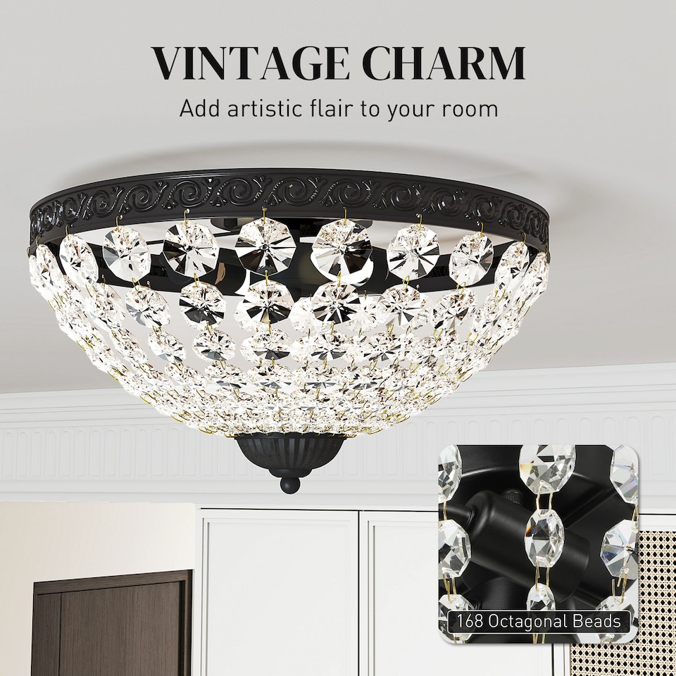 image 1 of HOMCOM Crystal Chandelier Ceiling Light with 168 Octagonal Beads, Vintage 2-Light Flush Mount Ceiling Light for Living Room, Bedroom, Hallway, Dining Room, Black | Black