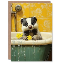 Cute Badger in Bathtub Yellow Daisy Theme Bath Birthday Greeting Card