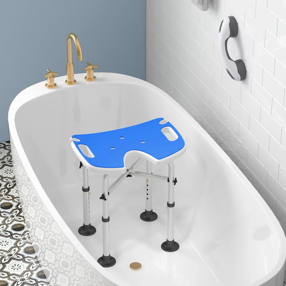 image 1 of HOMCOM Height Adjustable Shower Stool with Suction Grab Rail, Aluminium Shower Chair with U-Shaped Padded Seat, Non-Slip Bath Stool for Elderly, Disabled, Seniors, Pregnant, Dark Blue | Blue