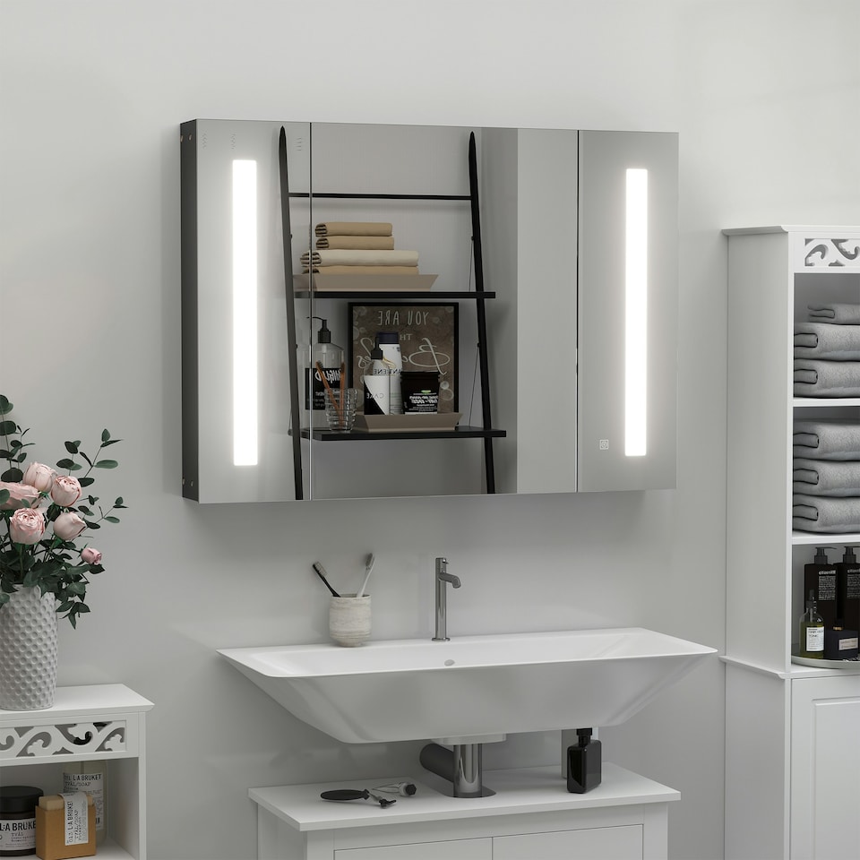 image 1 of kleankin LED Bathroom Mirror Cabinet with Shelves Wall Mount High Gloss Black