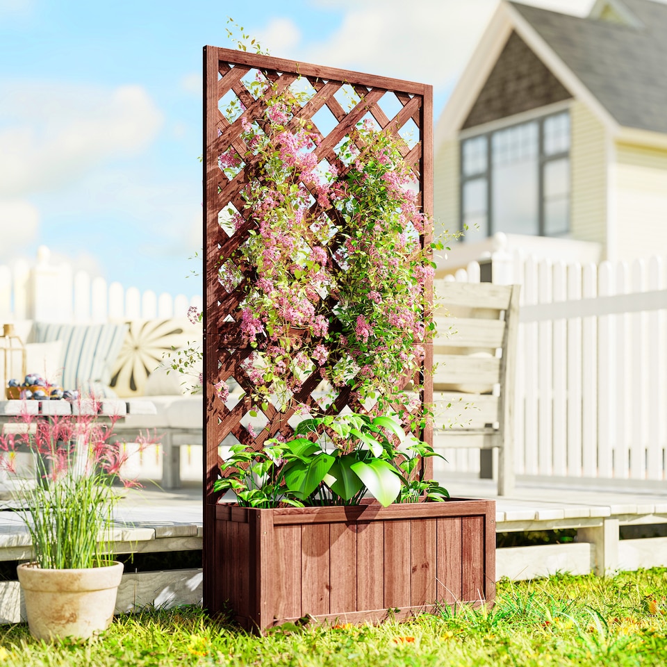 image 1 of Outsunny Garden Planter with Trellis, 45L Raised Bed for Climbing Plants, Vines, Flowers, Outdoor Planter Box for Patio, 72.5 x 31.5 x 149.5 cm, Orange