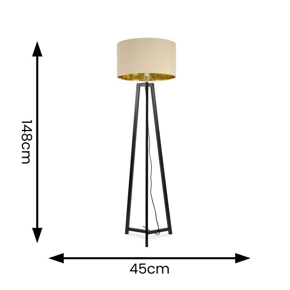 image 1 of ValueLights Lottie Black Wood Tripod Floor Lamp with Beige and Gold Drum Shade