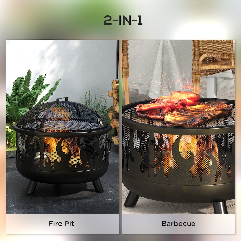 image 1 of Outsunny Metal Firepit Bowl Outdoor 2-In-1 Round Fire Pit with Lid, Grill, Poker, Handles for Garden, Camping, BBQ, Bonfire, Wood Burning Stove, 61.5 x 61.5 x 52cm, Black