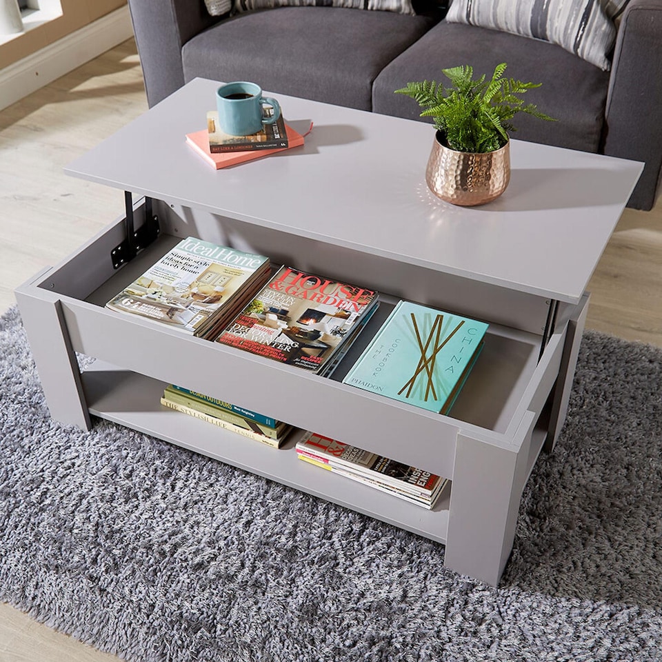 image 1 of Wooden Coffee Table With Lift Up Top Storage Area and Magazine Shelf | Grey