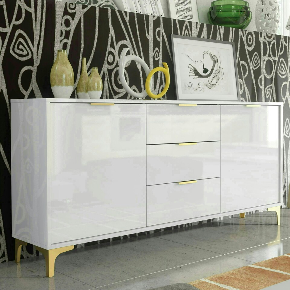 image 1 of Sideboard 140cm White High Gloss with Gold Accents White