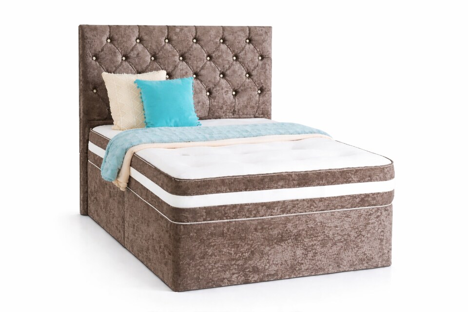 Chesterfield Brown Crushed Velvet Small Single 2ft6 Divan Bed With 54inch Floorstanding Headboard and Mattress No Drawers