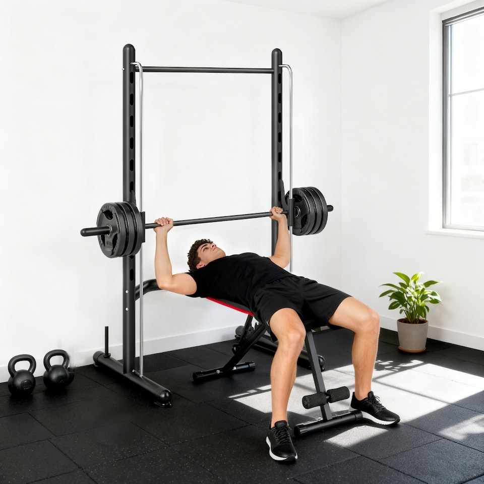 image 1 of HOMCOM Adjustable Squat Rack with Pull Up Bar and Barbell Bar for Home Gym