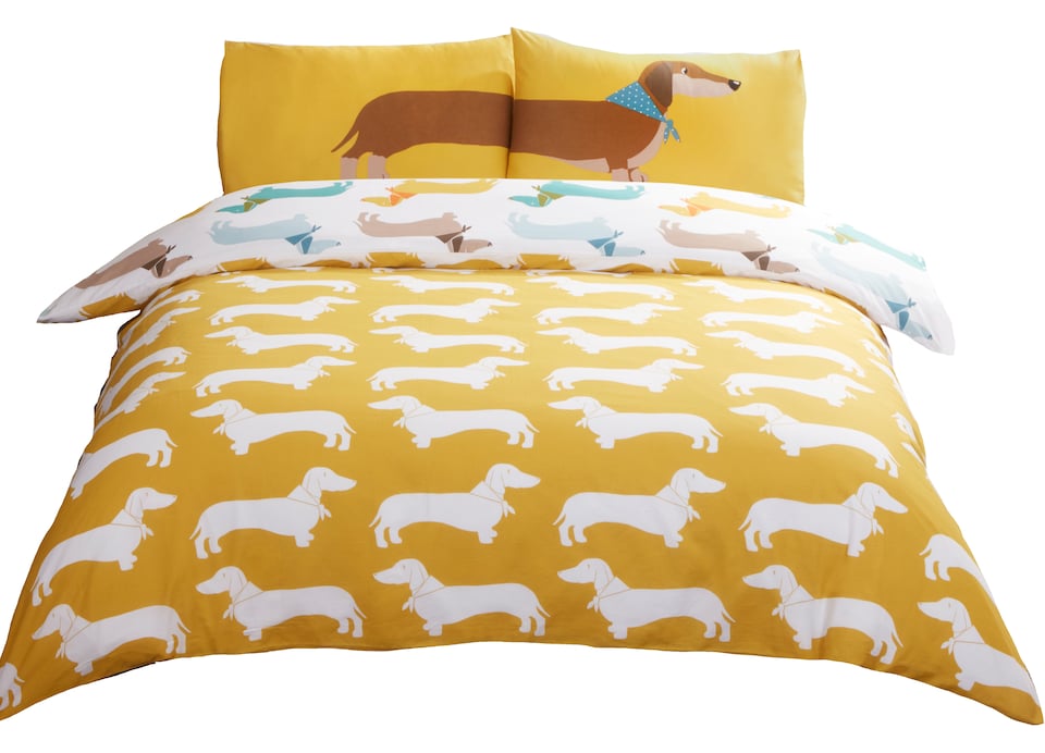 image 1 of Sausage Dog Microfibre Reversible Duvet Cover Set with Pillowcase | Multi | Single