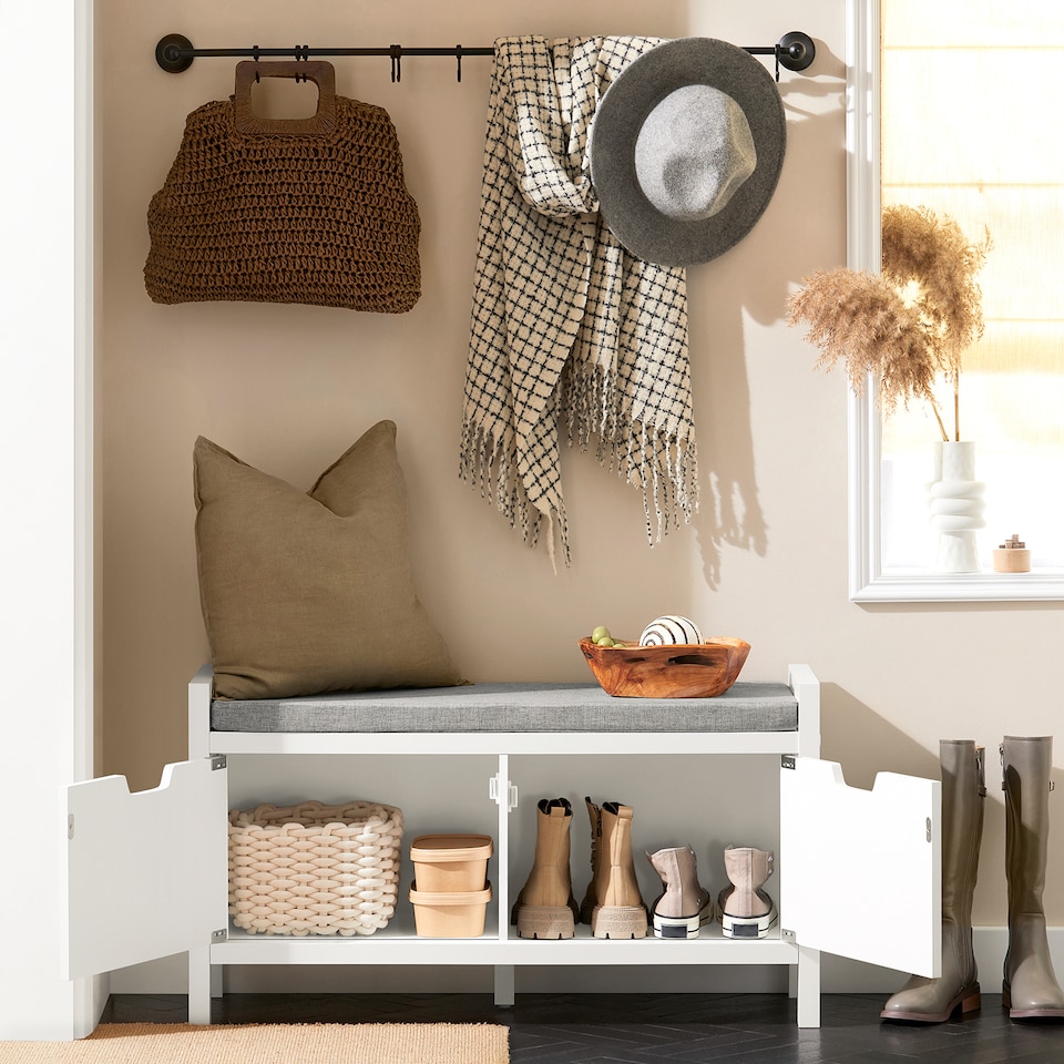 image 1 of SoBuy Shoe Storage Bench with Seat Cushion & Double Doors, White, 35.8x11.8x19.7 in, 12.8 kg - FSR63-II-W