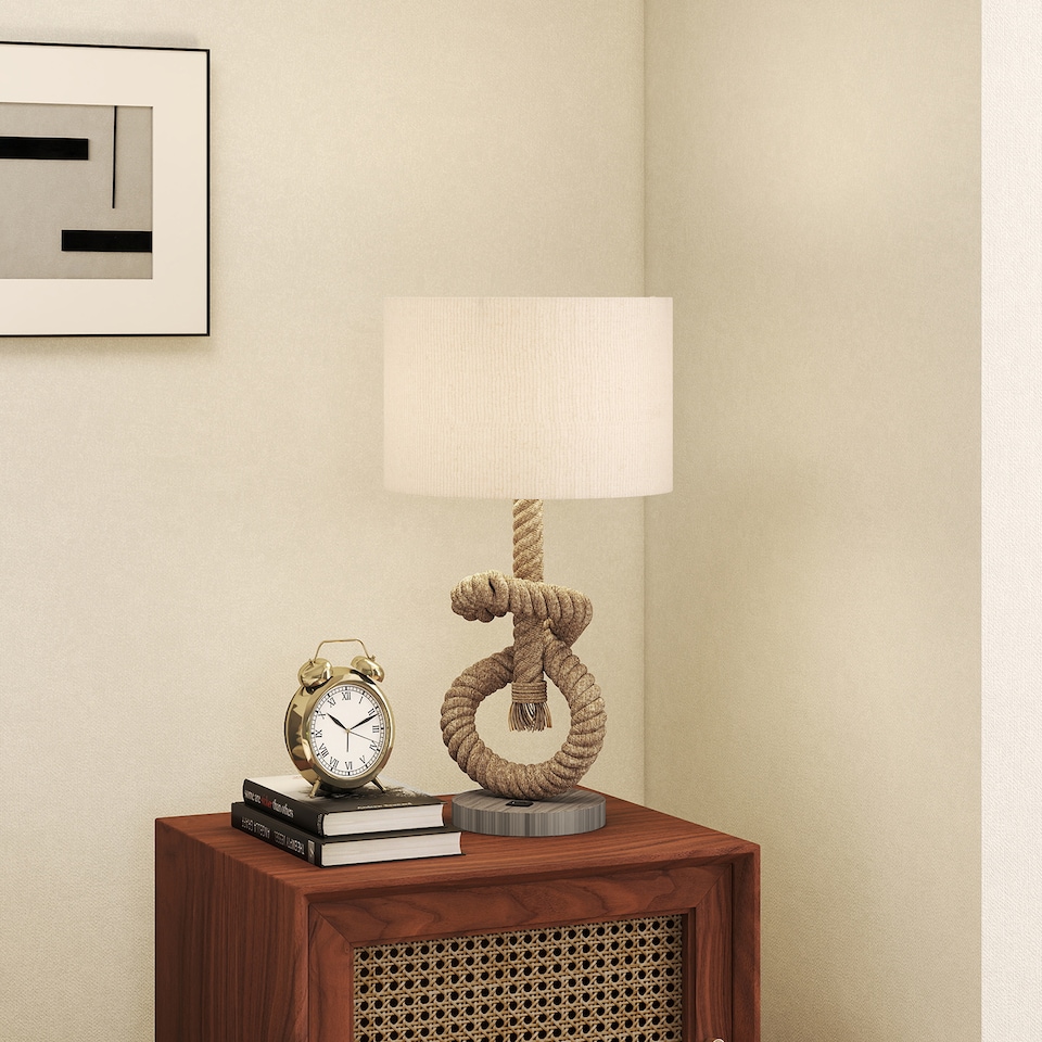 image 1 of HOMCOM Nautical Table Lamp with USB Charging Port, Bedside Lamp for Bedroom Living Room, Warm White LED Bulb Included, with Hemp Rope, Natural