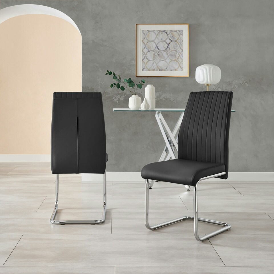 image 1 of Furniturebox 2x Lorenzo Black Faux Leather Chrome Dining Chairs