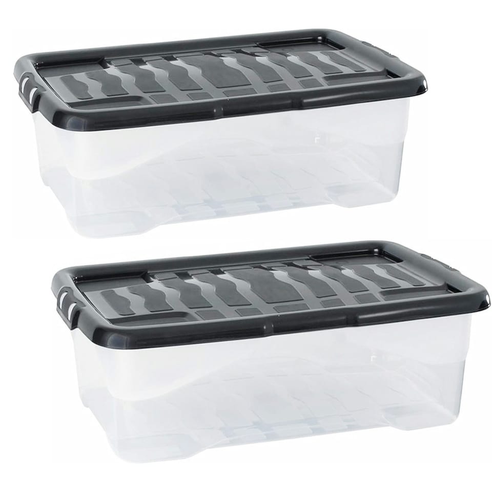 image 1 of 3 x 24 Litre Clear Transparent Base Stackable Curve Plastic Storage Boxes With Black Lids Clear