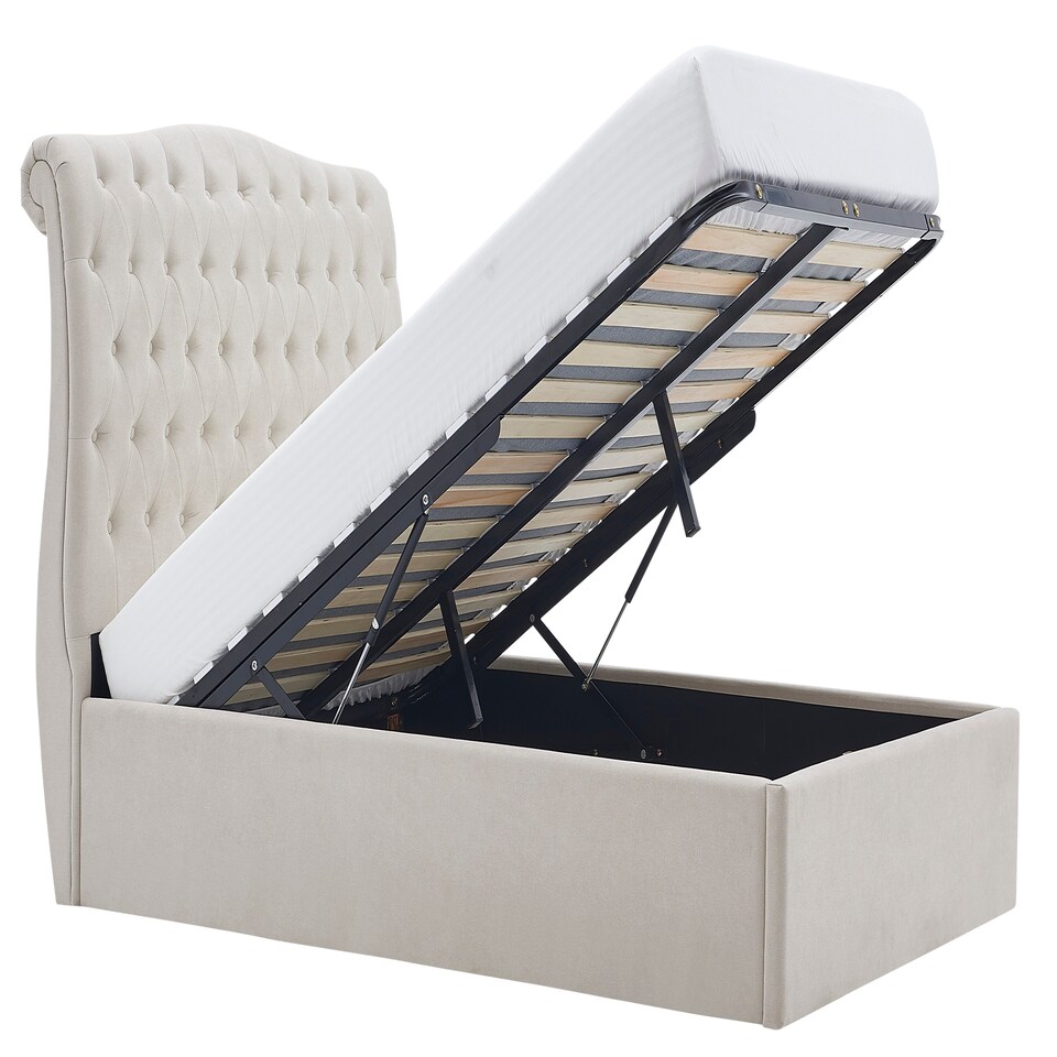 image 1 of 4ft6 Double Ottoman gas liftup storage bed frame,fabric upholstered, natural beige,buttoned back,curved bed frame,bedstead