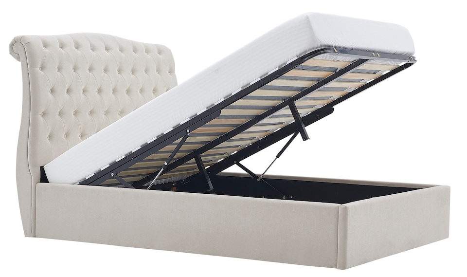 image 1 of 4ft6 Double Ottoman gas liftup storage bed frame,fabric upholstered, natural beige,buttoned back,curved bed frame,bedstead
