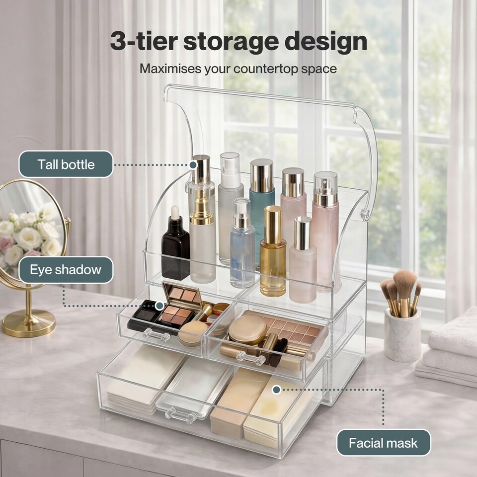image 1 of ilus Makeup Storage Organiser Acrylic Cosmetics Organizer Beauty Transparent | Silver | Silver
